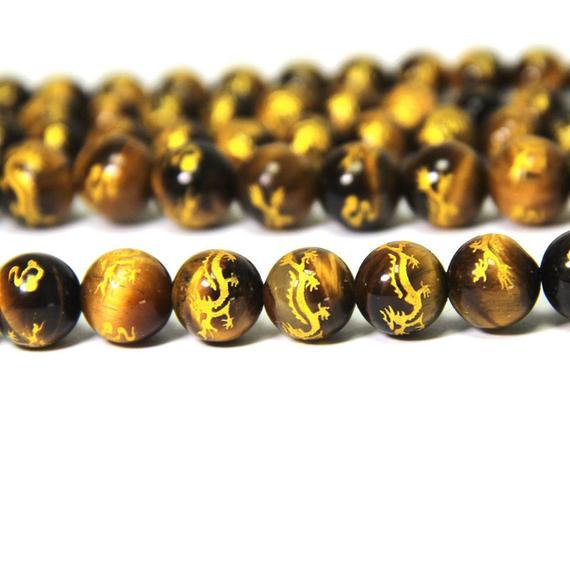 Yellow Tiger Eye Beads Carved Dragon Beads 6mm 8mm 10mm 12mm Natural Tiger Eye Painted Chinese Dragon Beads Gold Spacer Beads Dragon Jewelry