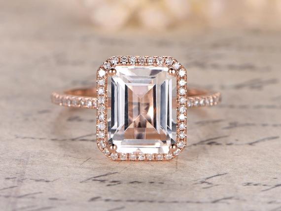 8x10mm Emerald Cut White Topaz Engagement Ring, 14k Rose Gold Diamonds Halo Ring, Topaz Ring,ball Prongs, Blue Topaz,emerald Available