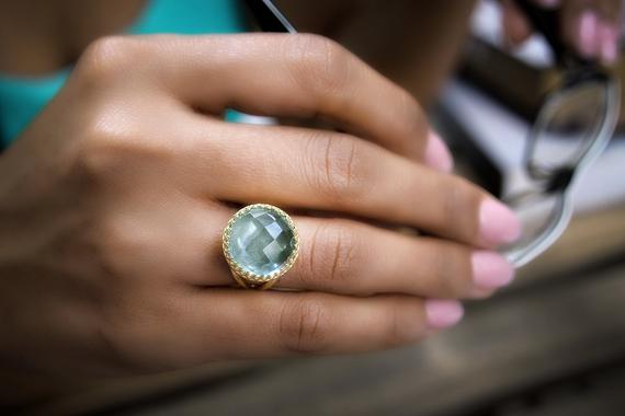 Blue Topaz Ring · Gold Ring · Statement Ring · Bright Blue Ring · Reflective Ring · Double Band Ring · Birthday Gift