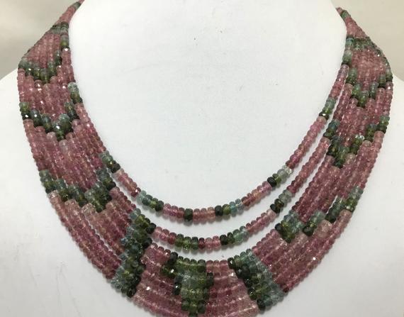 On Sale 7 Strand Multi Tourmaline Necklace Faceted Rondelle Beaded Necklace ,rare Multi Tourmaline Necklace, 3 To 4.5 Mm Beads