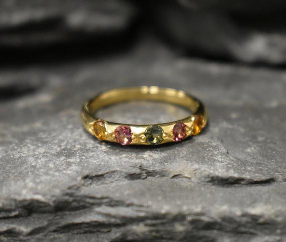 Gold Tourmaline Band, Natural Tourmaline, Stackable Ring, Half Eternity Ring, Dainty Band, October Birthstone, Colorful Ring, Silver Ring