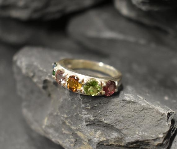 Wide Tourmaline Band, Natural Tourmaline, Gemstone Ring, October Birthstone, Statement Band, Sturdy Band, Stackable Ring, Solid Silver Ring