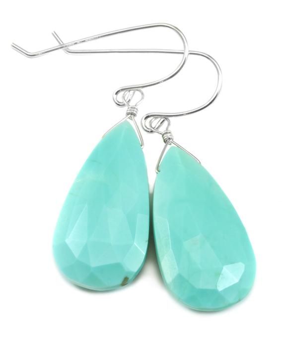 Turquoise Earrings Sterling Silver Faceted Cut Long Teardrop Natural Stone Light Soft Blue Large Earthy Contemporary Cut Simple Drops