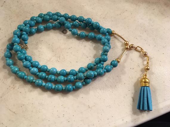 Blue Turquoise Necklace - Gold Tassel Pendant Jewelry - Long - Statement - Gemstone Jewellery - Fashion -trendy - Beaded - Handmade