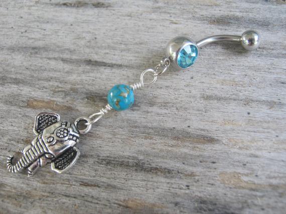 Elephant Belly Ring, Turquoise Belly Button Jewelry, Birthstone Navel Piercing, India Hindu Body Jewelry, Buddhist Elephant Body Jewelry