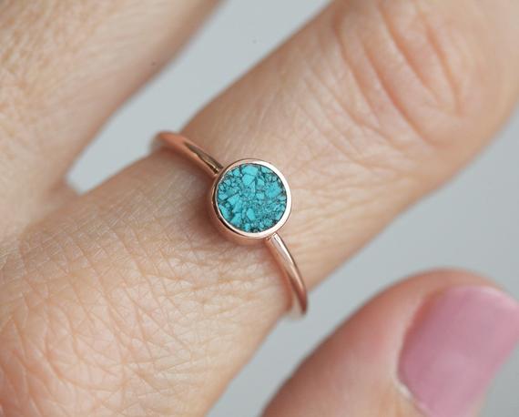 Round Turquoise Ring, Turquoise Engagement Ring, Simple Turquoise Ring, Solitaire Turquoise Ring, Rose Gold Ring, Rose Gold Band