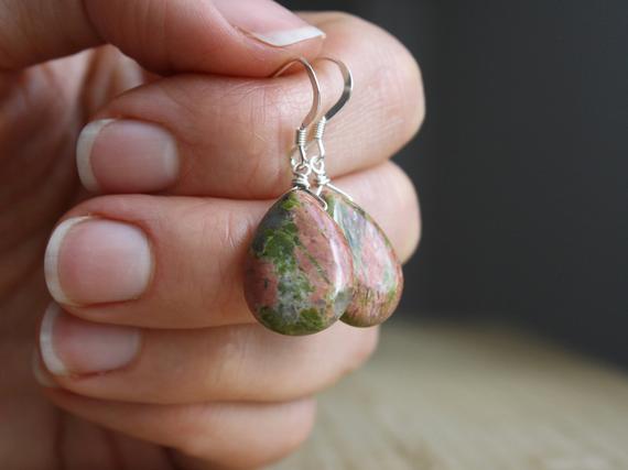 Green Natural Stone Earrings . Nature Inspired Jewelry . Unakite Earrings . Green Gemstone Earrings