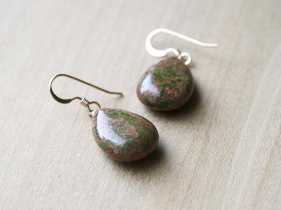 Green Stone Earrings Dangle . Unakite Earrings . Natural Gemstone Earrings Gold Filled