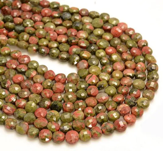 6x4mm Red Green Unakite Gemstone Micro Faceted Flat Round Button Loose Beads 15 Inch Full Strand (80007273-aaa252)