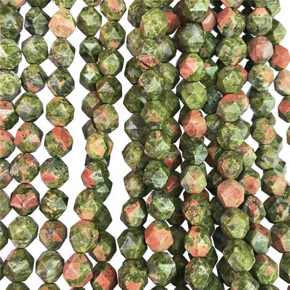 Faceted Unakite Beads, Star Cut Beads, Gemstone Beads, 8mm, 10mm