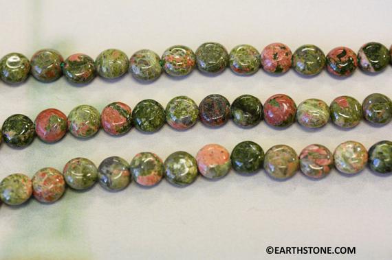 M/ Unakite 7-8mm Dime Beads 16" Strand Natural Green And Orange Color Gemstone Beads. For Jewelry Making