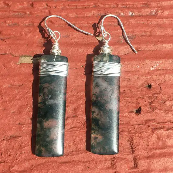 Wire Wrapped Moss Agate Earrings, Wire Wrapped Earrings, Moss Agate Earrings, Gemstone Dangle Earrings, Moss Agate Jewelry, Sterling Silver