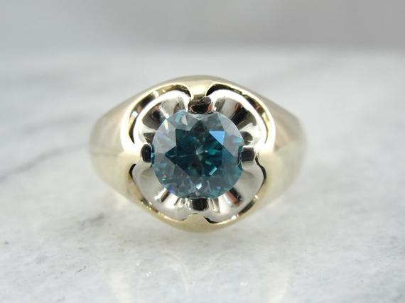 Large Blue Zircon Gemstone, Fine Gold Men's Retro Era Ring, Ladies Cocktail Ring E5vdnd-d