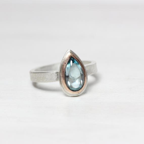 Modern Muted Blue Zircon Silver Rose Gold Ring Pear Cabochon Pale Steel 14k Pink Bezel Subtle Pastel Colors Gift Idea For Her - Sky Tear