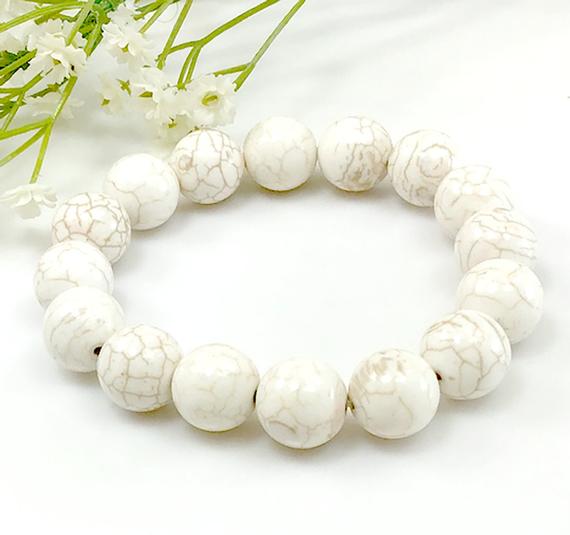 12mm Ivory White Magnesite Turquoise Beaded Bracelet,healing Anxiety Relief Protection Calming Stretchy Gemstone Boho Bracelet For Women Men