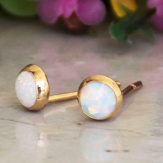 14k Gold Tiny White Opal Studs, Opal Jewelry, Fire Opal Earrings, Small Earrings, Dainty Gold Earrings, Handmade Earrings, Everyday Earrings