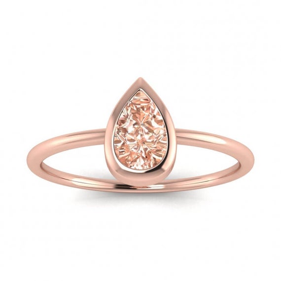 14k Rose Gold Drop Pear Shaped Morganite Engagement Ring, Thin Band, Pear Shaped Gemstone, Bezel Setting, Delicate Ring