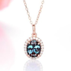 Halo Oval Alexandrite & Diamond Necklace- 14K Solid Rose Gold Necklace Genuine Teal Purple Alexandrite Color Changing Stone June Birthstone | Natural genuine Alexandrite necklaces. Buy crystal jewelry, handmade handcrafted artisan jewelry for women.  Unique handmade gift ideas. #jewelry #beadednecklaces #beadedjewelry #gift #shopping #handmadejewelry #fashion #style #product #necklaces #affiliate #ad