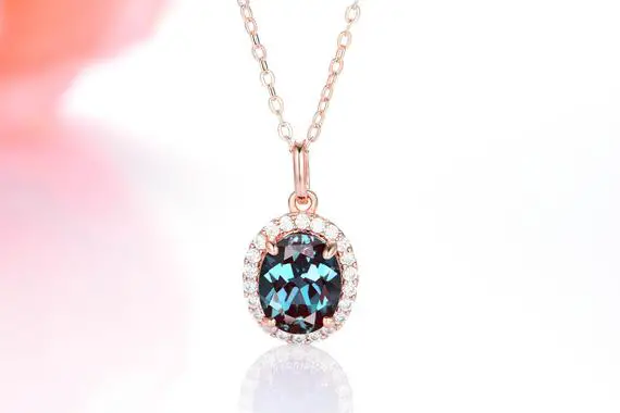 Halo Oval Alexandrite & Diamond Necklace- 14k Solid Rose Gold Necklace Genuine Teal Purple Alexandrite Color Changing Stone June Birthstone