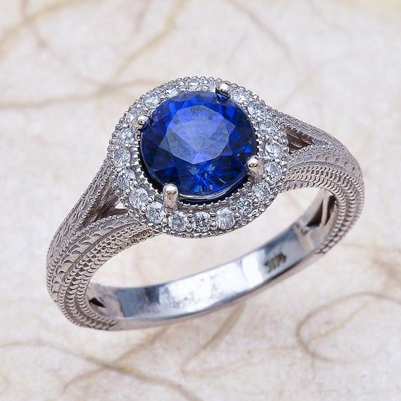 14k White Gold Round Lab Grown Blue Sapphire Engagement Ring Center 7mm Round Lab Grown Blue Sapphire