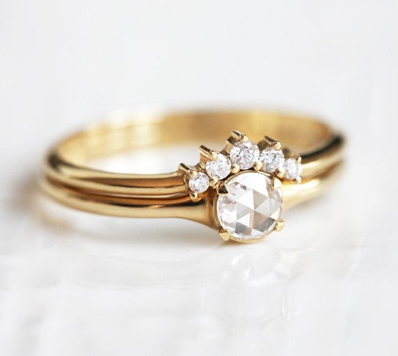 Diamond Ring Set, Rose Cut White Diamond Solitaire With Curved Diamond Band, Round Diamond Engagement Set