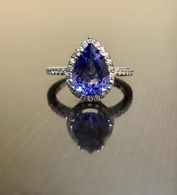 18k White Gold Halo Diamond Pear Shape Tanzanite Engagement Ring - Art Deco Tanzanite Diamond Wedding Ring - 18k Diamond Halo Tanzanite Ring
