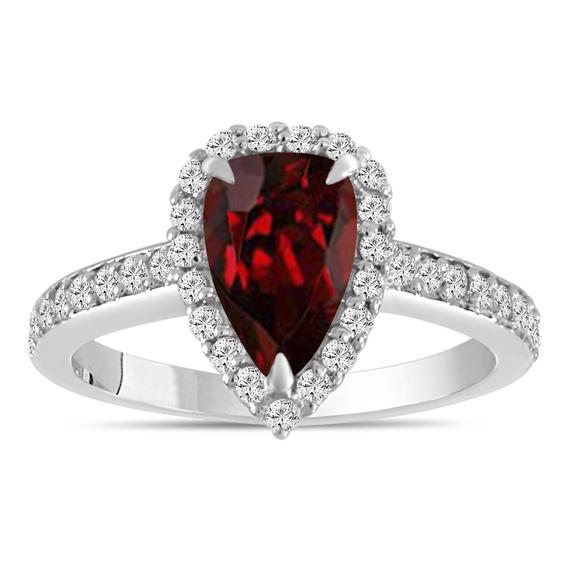 2 Carat Pear Shaped Garnet Engagement Ring, Garnet And Diamonds Wedding Ring, 14k White Gold Or Black Gold Vintage Unique Handmade Certified