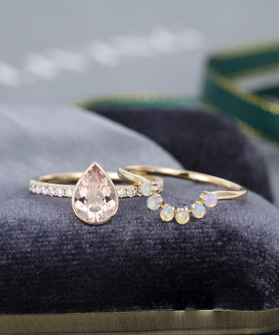 2pcs Pear Shaped Morganite Engagement Ring Set Moissanite Solid 14k Yellow Gold Ring Vintage Curved Opal Ring Bridal Set Anniversary Gift