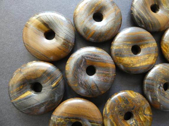 30mm Natural Tiger Iron Pendant, Donuts, Golden Brown, Polished Gem, Natural Gemstone Component, Round Tiger Iron Stone, Wire Wrapping Stone
