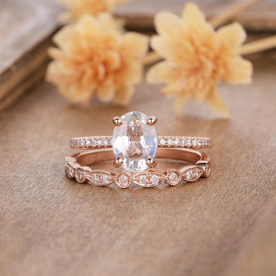 6x8mm Oval Cut White Sapphire Engagement Ring Set Bridal Set Art Deco Diamond Band Solitaire Half Eternity 2pcs Wedding Woman Ring