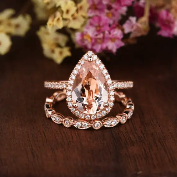 8x12mm 2.5ct Morgantie Ring Set Pear Shaped Morganite Engagement Ring Rose Gold Art Deco Full Eternity Woman Personalized Diamond Halo 2pcs