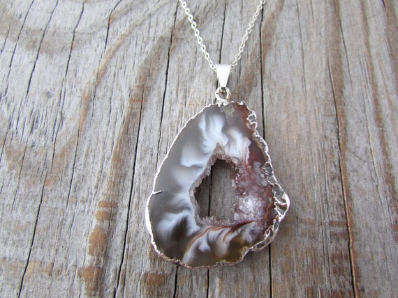 Agate Slice Necklace, Slab Of Agate With Silver Edges And Silver Chain, Geode Slice