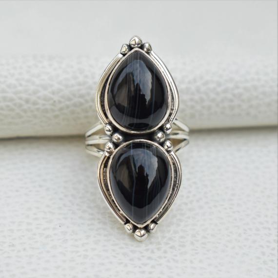 Natural Black Banded Agate Ring-925 Sterling Silver Ring-teardrop Black Gemstone Ring-gift For Her-multi Stone Ring-handmade Silver Ring