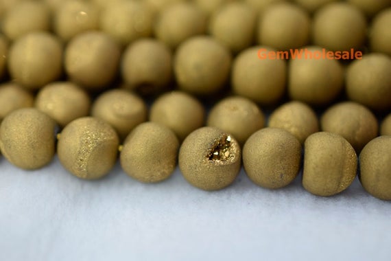 15" 12mm/14mm Plating Golden Druzy Agate Round Beads, Matte Gloden Druzy Agate