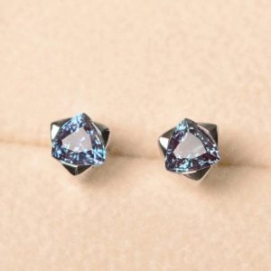 Alexandrite earrings, sterling silver, trillion cut, June birthstone, stud earrings, solitaire earrings | Natural genuine Alexandrite earrings. Buy crystal jewelry, handmade handcrafted artisan jewelry for women.  Unique handmade gift ideas. #jewelry #beadedearrings #beadedjewelry #gift #shopping #handmadejewelry #fashion #style #product #earrings #affiliate #ad