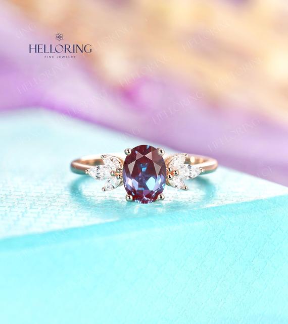 Vintage Oval Alexandrite Ring Engagement Ring Rose Gold Marquise Moissanite Diamond Ring Prong Set Anniversary Ring Marquise Bridal Ring