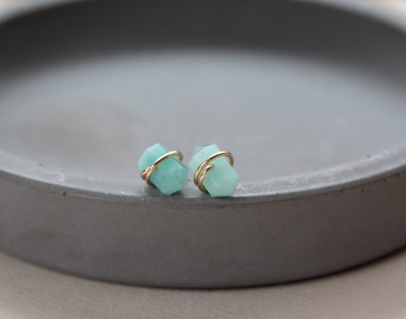 Amazonite Stud Earrings, Genuine Green Amazonite Earrings, Small Stud Earrings, Mint Green Stone Stud Earrings, Wire Wrapped Studs