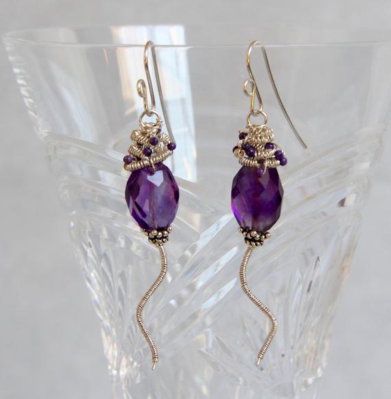 Amethyst Nugget Sugilite Dangle Earrings, Sterling Silver Wire Wrap Coil, Handmade Gem Bead Jewelry, February Stone, Shoulder Duster Chunky
