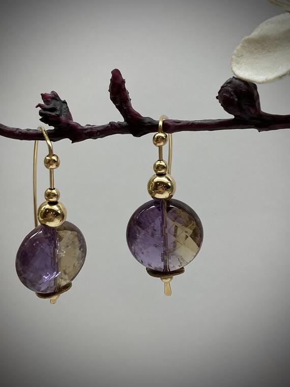 Ametrine Earrings. Ametrine And Gold Filled Earrings. Gold Filled Beads.  Half Round Ear Wires.  Marquis Ear Wires. Paddle Ear Wires