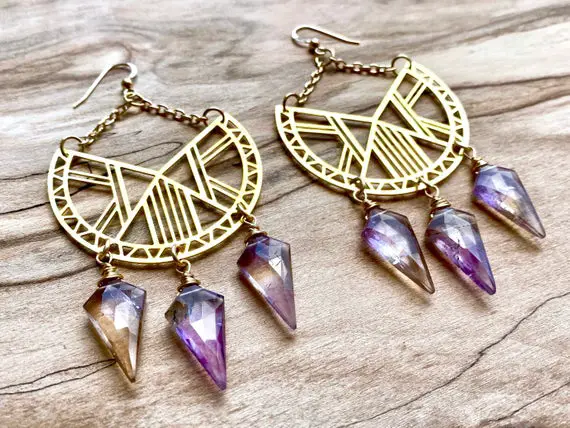 Ametrine Earrings Crystal Chandelier Earrings Raw Crystal Earrings Raw Gemstone Chandelier Earrings Ametrine Stone Hoop Earrings