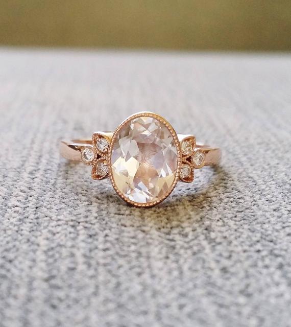 Antique Diamond White Sapphire Engagement Ring Rose Gold Victorian Bezel Set Low Profile Filigree Gemstone Penellibelle "the Luella"