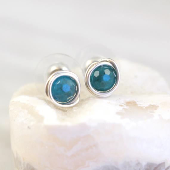 Wrapped Apatite Post Earrings, Silver Wrapped Stone Posts, Dainty Blue Gemstone Earrings, Genuine Apatite Stud Earrings, Gifts For Her