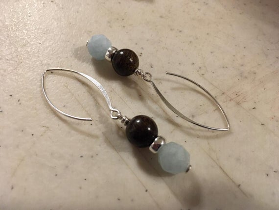 Aquamarine Earrings - Blue And Brown Jewellery - Sterling Silver Jewelry - Bronzite Gemstone