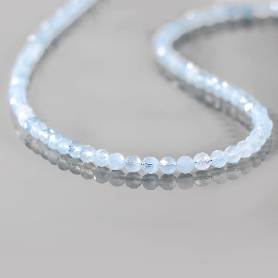 Aaa+ Natural Aquamarine Necklace, Aquamarine Round Gemstone Faceted Beads Necklace, March Birthstone Necklace, Aquamarine Beaded Necklace