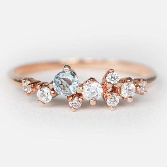 Aquamarine Cluster Ring, Engagement Ring, Birthstone Ring, Aquamarine Ring, Cluster Ring, Cluster Engagement Ring, Tiny Cluster Ring