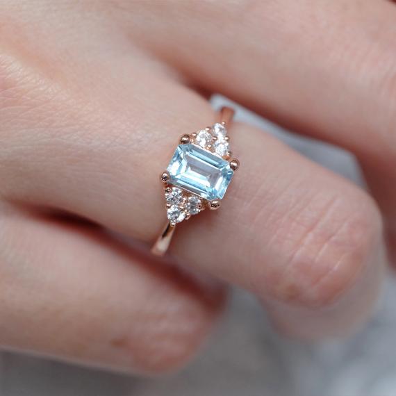 Aquamarine Ring, Emerald Cut Aquamarine, Diamond Engagement Ring, Diamonds Wedding Ring, Birthstone Ring, Engagement Ring, Anniversary Ring