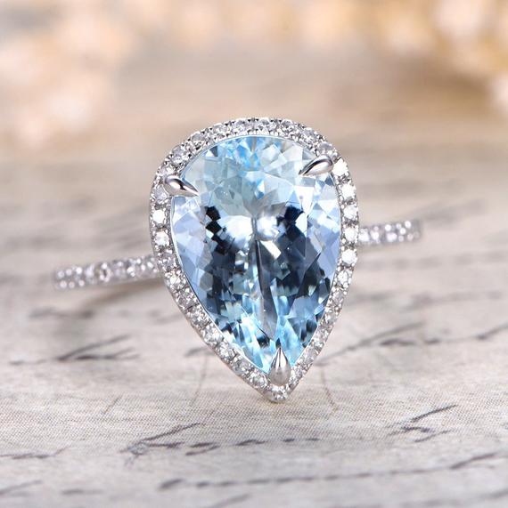 Pear Cut Aquamarine Engagement Ring 14k White Gold 8x12mm Natural Blue Gemstone Pave Diamonds Wedding Bridal Ring Halo Ring Uniqueaquamarine