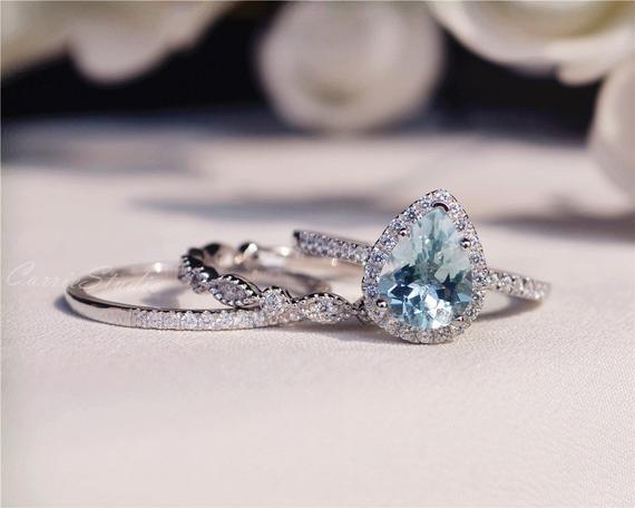Natural Aquamarine Ring Set Aquamarine Engagement Ring Set With Fabulous Aquamarine Stone Wedding Ring Set  Anniversary Ring Promise Ring