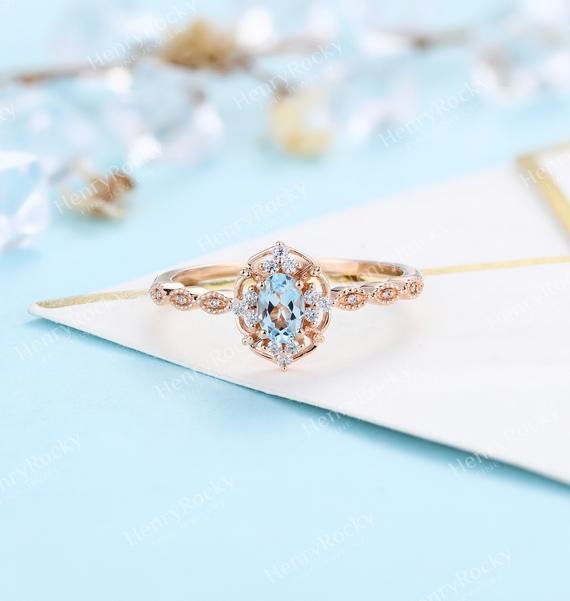 Vintage Aquamarine Engagement Ring Rose Gold Wedding Ring Antique Oval Cut Bridal Ring Art Deco Prong Set Ring Milgrain Anniversary Ring