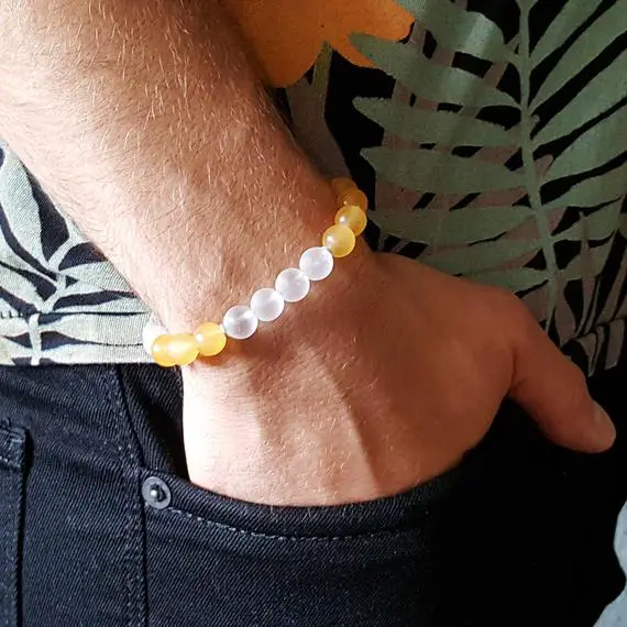 Mens Bracelet Yellow Aragonite Crystal Gemstone, Handmade Jewelry For Men, Stone Bracelets For Men, Unique Gifts For Men, Gift For Him
